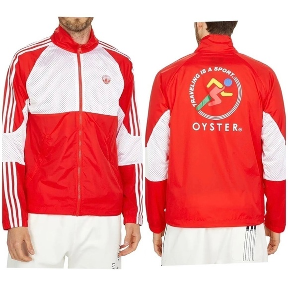 Adidas Oyster Holdings Mens Sz M Red Lightweight Mesh Lined Zip Up Jacket Track - Picture 1 of 8